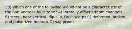 33) Which one of the following would not be a characteristic of the San Andreas fault zone? A) laterally offset stream channels B) steep, near vertical, dip-slip, fault scarps C) deformed, broken, and pulverized bedrock D) sag ponds