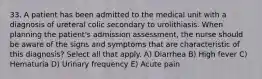 33. A patient has been admitted to the medical unit with a diagnosis of ureteral colic secondary to urolithiasis. When planning the patient's admission assessment, the nurse should be aware of the signs and symptoms that are characteristic of this diagnosis? Select all that apply. A) Diarrhea B) High fever C) Hematuria D) Urinary frequency E) Acute pain