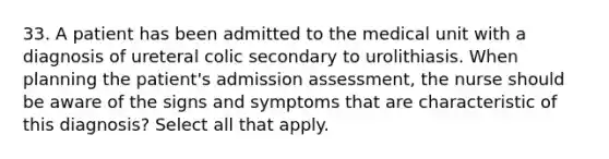 33. A patient has been admitted to the medical unit with a diagnosis of ureteral colic secondary to urolithiasis. When planning the patient's admission assessment, the nurse should be aware of the signs and symptoms that are characteristic of this diagnosis? Select all that apply.