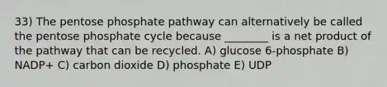 33) <a href='https://www.questionai.com/knowledge/kU2OmaBWIM-the-pentose-phosphate-pathway' class='anchor-knowledge'>the pentose phosphate pathway</a> can alternatively be called the pentose phosphate cycle because ________ is a net product of the pathway that can be recycled. A) glucose 6-phosphate B) NADP+ C) carbon dioxide D) phosphate E) UDP