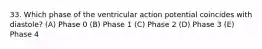 33. Which phase of the ventricular action potential coincides with diastole? (A) Phase 0 (B) Phase 1 (C) Phase 2 (D) Phase 3 (E) Phase 4