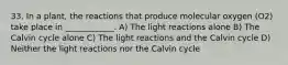 33. In a plant, the reactions that produce molecular oxygen (O2) take place in ____________. A) The light reactions alone B) The Calvin cycle alone C) The light reactions and the Calvin cycle D) Neither the light reactions nor the Calvin cycle