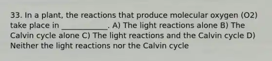 33. In a plant, the reactions that produce molecular oxygen (O2) take place in ____________. A) The light reactions alone B) The Calvin cycle alone C) The light reactions and the Calvin cycle D) Neither the light reactions nor the Calvin cycle