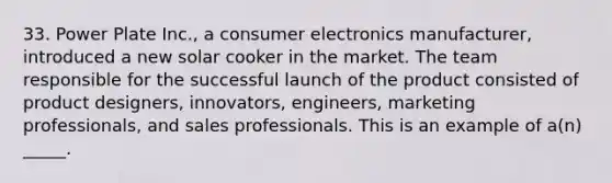 33. Power Plate Inc., a consumer electronics manufacturer, introduced a new solar cooker in the market. The team responsible for the successful launch of the product consisted of product designers, innovators, engineers, marketing professionals, and sales professionals. This is an example of a(n) _____.