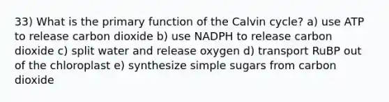 33) What is the primary function of the Calvin cycle? a) use ATP to release carbon dioxide b) use NADPH to release carbon dioxide c) split water and release oxygen d) transport RuBP out of the chloroplast e) synthesize simple sugars from carbon dioxide