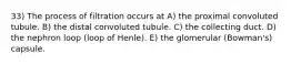 33) The process of filtration occurs at A) the proximal convoluted tubule. B) the distal convoluted tubule. C) the collecting duct. D) the nephron loop (loop of Henle). E) the glomerular (Bowman's) capsule.