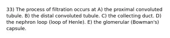 33) The process of filtration occurs at A) the proximal convoluted tubule. B) the distal convoluted tubule. C) the collecting duct. D) the nephron loop (loop of Henle). E) the glomerular (Bowman's) capsule.