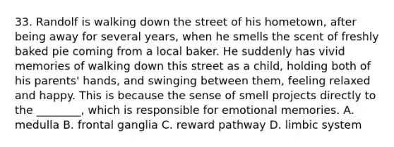 33. Randolf is walking down the street of his hometown, after being away for several years, when he smells the scent of freshly baked pie coming from a local baker. He suddenly has vivid memories of walking down this street as a child, holding both of his parents' hands, and swinging between them, feeling relaxed and happy. This is because the sense of smell projects directly to the ________, which is responsible for emotional memories. A. medulla B. frontal ganglia C. reward pathway D. limbic system