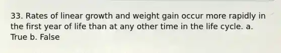 33. Rates of linear growth and weight gain occur more rapidly in the first year of life than at any other time in the life cycle. a. True b. False