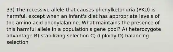 33) The recessive allele that causes phenylketonuria (PKU) is harmful, except when an infant's diet has appropriate levels of the amino acid phenylalanine. What maintains the presence of this harmful allele in a population's gene pool? A) heterozygote advantage B) stabilizing selection C) diploidy D) balancing selection