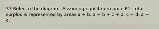 33 Refer to the diagram. Assuming equilibrium price P1, total surplus is represented by areas a + b. a + b + c + d. c + d. a + c.