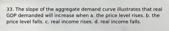 33. The slope of the aggregate demand curve illustrates that real GDP demanded will increase when a. the price level rises. b. the price level falls. c. real income rises. d. real income falls.