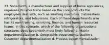 33. Sobaminth, a manufacturer and supplier of home appliances, organizes its labor force based on the core products the employees deal with, such as washing machines, dishwashers, refrigerators, and televisions. Each of these departments also has its own training, servicing, finance, and human resources teams. In this scenario, which of the following organizational structures does Sobaminth most likely follow? a. Matrix departmentalization b. Geographic departmentalization c. Customer departmentalization d. Process departmentalization