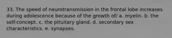 33. The speed of neurotransmission in the frontal lobe increases during adolescence because of the growth of/ a. myelin. b. the self-concept. c. the pituitary gland. d. secondary sex characteristics. e. synapses.