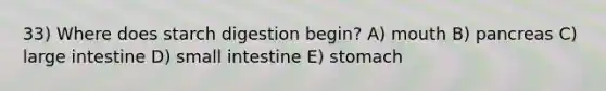 33) Where does starch digestion begin? A) mouth B) pancreas C) large intestine D) small intestine E) stomach