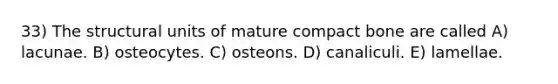 33) The structural units of mature compact bone are called A) lacunae. B) osteocytes. C) osteons. D) canaliculi. E) lamellae.