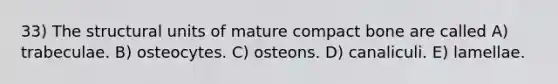 33) The structural units of mature compact bone are called A) trabeculae. B) osteocytes. C) osteons. D) canaliculi. E) lamellae.