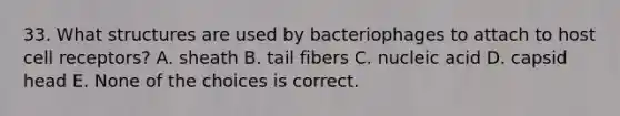 33. What structures are used by bacteriophages to attach to host cell receptors? A. sheath B. tail fibers C. nucleic acid D. capsid head E. None of the choices is correct.