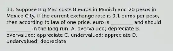 33. Suppose Big Mac costs 8 euros in Munich and 20 pesos in Mexico City. If the current exchange rate is 0.1 euros per peso, then according to law of one price, euro is _________ and should __________ in the long run. A. overvalued; depreciate B. overvalued; appreciate C. undervalued; appreciate D. undervalued; depreciate