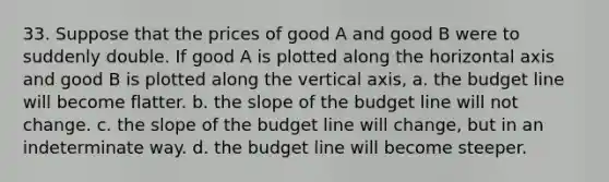 33. Suppose that the prices of good A and good B were to suddenly double. If good A is plotted along the horizontal axis and good B is plotted along the vertical axis, a. the budget line will become flatter. b. the slope of the budget line will not change. c. the slope of the budget line will change, but in an indeterminate way. d. the budget line will become steeper.