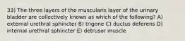 33) The three layers of the muscularis layer of the urinary bladder are collectively known as which of the following? A) external urethral sphincter B) trigone C) ductus deferens D) internal urethral sphincter E) detrusor muscle