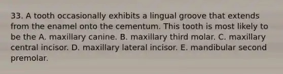 33. A tooth occasionally exhibits a lingual groove that extends from the enamel onto the cementum. This tooth is most likely to be the A. maxillary canine. B. maxillary third molar. C. maxillary central incisor. D. maxillary lateral incisor. E. mandibular second premolar.