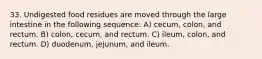 33. Undigested food residues are moved through the large intestine in the following sequence: A) cecum, colon, and rectum. B) colon, cecum, and rectum. C) ileum, colon, and rectum. D) duodenum, jejunum, and ileum.