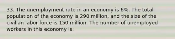 33. The <a href='https://www.questionai.com/knowledge/kh7PJ5HsOk-unemployment-rate' class='anchor-knowledge'>unemployment rate</a> in an economy is 6%. The total population of the economy is 290 million, and the size of the civilian labor force is 150 million. The number of unemployed workers in this economy is: