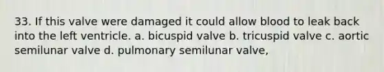 33. If this valve were damaged it could allow blood to leak back into the left ventricle. a. bicuspid valve b. tricuspid valve c. aortic semilunar valve d. pulmonary semilunar valve,