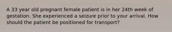 A 33 year old pregnant female patient is in her 24th week of gestation. She experienced a seizure prior to your arrival. How should the patient be positioned for transport?