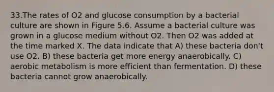 33.The rates of O2 and glucose consumption by a bacterial culture are shown in Figure 5.6. Assume a bacterial culture was grown in a glucose medium without O2. Then O2 was added at the time marked X. The data indicate that A) these bacteria don't use O2. B) these bacteria get more energy anaerobically. C) aerobic metabolism is more efficient than fermentation. D) these bacteria cannot grow anaerobically.