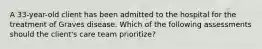 A 33-year-old client has been admitted to the hospital for the treatment of Graves disease. Which of the following assessments should the client's care team prioritize?