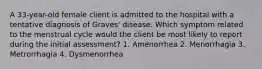 A 33-year-old female client is admitted to the hospital with a tentative diagnosis of Graves' disease. Which symptom related to the menstrual cycle would the client be most likely to report during the initial assessment? 1. Amenorrhea 2. Menorrhagia 3. Metrorrhagia 4. Dysmenorrhea