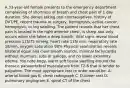 A 33-year-old female presents to the emergency department complaining of shortness of breath and chest pain of 1 day duration. She denies taking oral contraceptives, history of DVT/PE, recent trauma or surgery, hemoptysis, active cancer, hemoptysis, or leg swelling. The patient reveals that her chest pain is located in the right anterior chest, is sharp and only occurs when she takes a deep breath. Vital signs reveal blood pressure 115/75 mmHg, heart rate 115/ min, respiratory rate 18/min, oxygen saturation 98% Physical examination reveals bilateral equal and clear breath sounds, minimal tachycardia without murmurs, rubs or gallops, and no lower extremity edema. You note bogy, warm soft tissue swelling around the thoracic paravertebral musculature from T2-6 that is tender to palpation. The most appropriate test to order would be: A. arterial blood gas B. chest radiograph C. D-dimer test D. pulmonary angiogram E. spiral CT of the chest