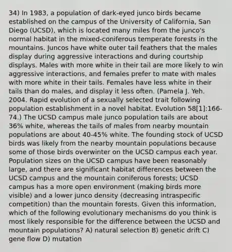 34) In 1983, a population of dark-eyed junco birds became established on the campus of the University of California, San Diego (UCSD), which is located many miles from the junco's normal habitat in the mixed-coniferous temperate forests in the mountains. Juncos have white outer tail feathers that the males display during aggressive interactions and during courtship displays. Males with more white in their tail are more likely to win aggressive interactions, and females prefer to mate with males with more white in their tails. Females have less white in their tails than do males, and display it less often. (Pamela J. Yeh. 2004. Rapid evolution of a sexually selected trait following population establishment in a novel habitat. Evolution 58[1]:166-74.) The UCSD campus male junco population tails are about 36% white, whereas the tails of males from nearby mountain populations are about 40-45% white. The founding stock of UCSD birds was likely from the nearby mountain populations because some of those birds overwinter on the UCSD campus each year. Population sizes on the UCSD campus have been reasonably large, and there are significant habitat differences between the UCSD campus and the mountain coniferous forests; UCSD campus has a more open environment (making birds more visible) and a lower junco density (decreasing intraspecific competition) than the mountain forests. Given this information, which of the following evolutionary mechanisms do you think is most likely responsible for the difference between the UCSD and mountain populations? A) natural selection B) genetic drift C) gene flow D) mutation