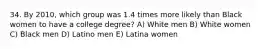 34. By 2010, which group was 1.4 times more likely than Black women to have a college degree? A) White men B) White women C) Black men D) Latino men E) Latina women