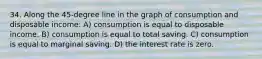 34. Along the 45-degree line in the graph of consumption and disposable income: A) consumption is equal to disposable income. B) consumption is equal to total saving. C) consumption is equal to marginal saving. D) the interest rate is zero.