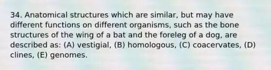 34. Anatomical structures which are similar, but may have different functions on different organisms, such as the <a href='https://www.questionai.com/knowledge/kgWuCNs0Fr-bone-structure' class='anchor-knowledge'>bone structure</a>s of the wing of a bat and the foreleg of a dog, are described as: (A) vestigial, (B) homologous, (C) coacervates, (D) clines, (E) genomes.