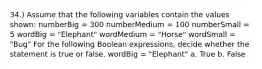 34.) Assume that the following variables contain the values shown: numberBig = 300 numberMedium = 100 numberSmall = 5 wordBig = "Elephant" wordMedium = "Horse" wordSmall = "Bug" For the following Boolean expressions, decide whether the statement is true or false. wordBig = "Elephant" a. True b. False