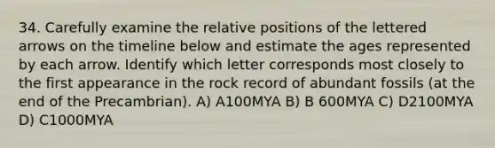 34. Carefully examine the relative positions of the lettered arrows on the timeline below and estimate the ages represented by each arrow. Identify which letter corresponds most closely to the first appearance in the rock record of abundant fossils (at the end of the Precambrian). A) A100MYA B) B 600MYA C) D2100MYA D) C1000MYA