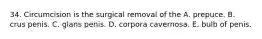 34. Circumcision is the surgical removal of the A. prepuce. B. crus penis. C. glans penis. D. corpora cavernosa. E. bulb of penis.