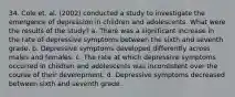 34. Cole et. al. (2002) conducted a study to investigate the emergence of depression in children and adolescents. What were the results of the study? a. There was a significant increase in the rate of depressive symptoms between the sixth and seventh grade. b. Depressive symptoms developed differently across males and females. c. The rate at which depressive symptoms occurred in children and adolescents was inconsistent over the course of their development. d. Depressive symptoms decreased between sixth and seventh grade.