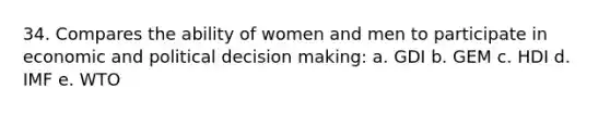 34. Compares the ability of women and men to participate in economic and political <a href='https://www.questionai.com/knowledge/kuI1pP196d-decision-making' class='anchor-knowledge'>decision making</a>: a. GDI b. GEM c. HDI d. IMF e. WTO