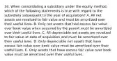 34. When consolidating a subsidiary under the equity method, which of the following statements is true with regard to the subsidiary subsequent to the year of acquisition? A. All net assets are revalued to fair value and must be amortized over their useful lives. B. Only net assets that had excess fair value over book value when acquired by the parent must be amortized over their useful lives. C. All depreciable net assets are revalued to fair value at date of acquisition and must be amortized over their useful lives. D. Only depreciable net assets that have excess fair value over book value must be amortized over their useful lives. E. Only assets that have excess fair value over book value must be amortized over their useful lives.