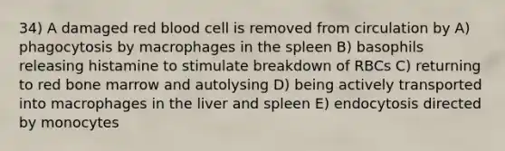 34) A damaged red blood cell is removed from circulation by A) phagocytosis by macrophages in the spleen B) basophils releasing histamine to stimulate breakdown of RBCs C) returning to red bone marrow and autolysing D) being actively transported into macrophages in the liver and spleen E) endocytosis directed by monocytes