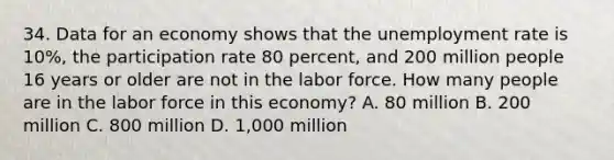 34. Data for an economy shows that the unemployment rate is 10%, the participation rate 80 percent, and 200 million people 16 years or older are not in the labor force. How many people are in the labor force in this economy? A. 80 million B. 200 million C. 800 million D. 1,000 million