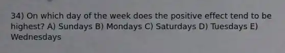 34) On which day of the week does the positive effect tend to be highest? A) Sundays B) Mondays C) Saturdays D) Tuesdays E) Wednesdays