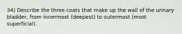 34) Describe the three coats that make up the wall of the urinary bladder, from innermost (deepest) to outermost (most superficial).
