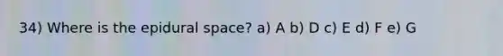 34) Where is the epidural space? a) A b) D c) E d) F e) G