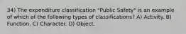 34) The expenditure classification "Public Safety" is an example of which of the following types of classifications? A) Activity. B) Function. C) Character. D) Object.